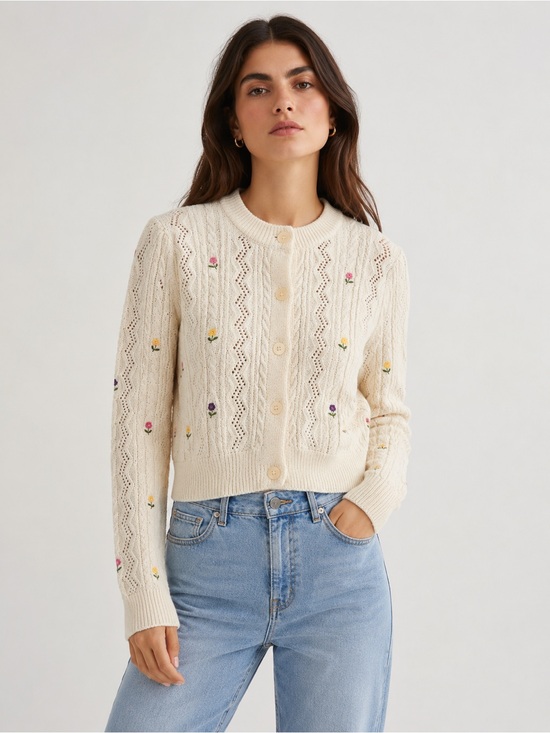Zara Sweaters - Zara Cream Knit Cardigan with Tiny Flower Embroidery size S